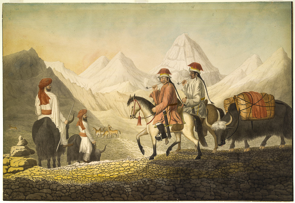 Moorcroft and Hearsay on the road to Lake Mansarowar Tibet. The travellers wearing Indian dress and riding on yaks are shown meeting two Tibetans on horseback with a loaded yak. c.July 1812 Kashmir Company Blog William Moorcroft and the Journey of the Kashmir Shawl to Europe